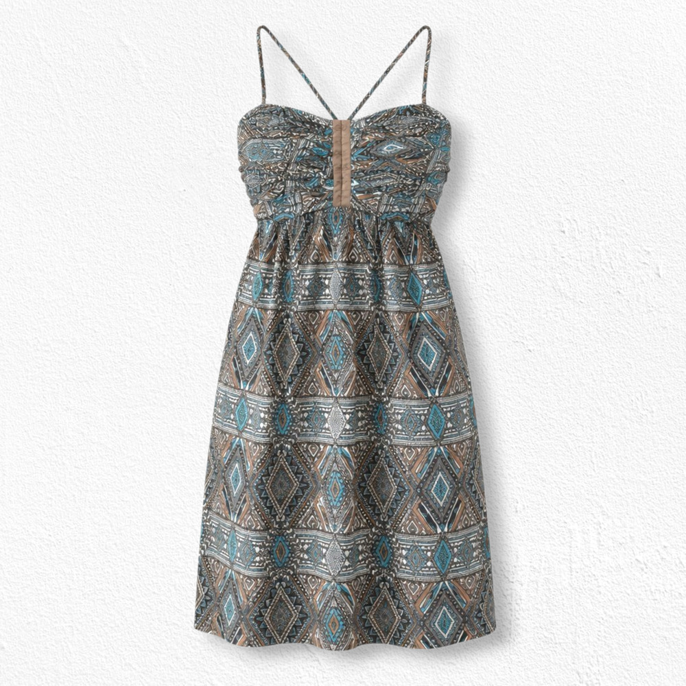 Billabong Teal Aztec Print Mini Dress Crisscross Back Smocked Boho Size Large